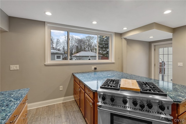 kitchen with light hardwood / wood-style floors, high end stainless steel range oven, and dark stone counters