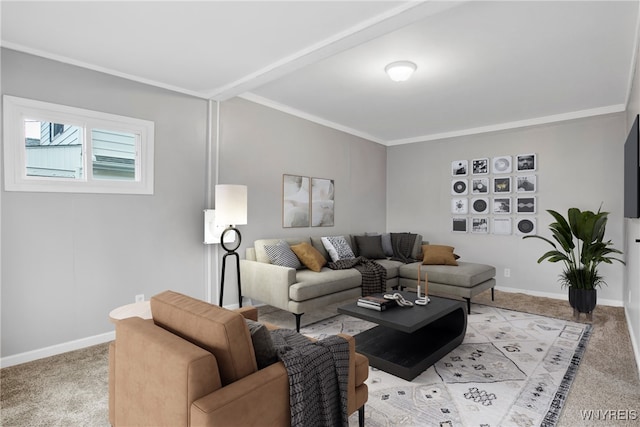 living room with crown molding and light carpet