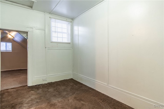 carpeted empty room with a healthy amount of sunlight and vaulted ceiling