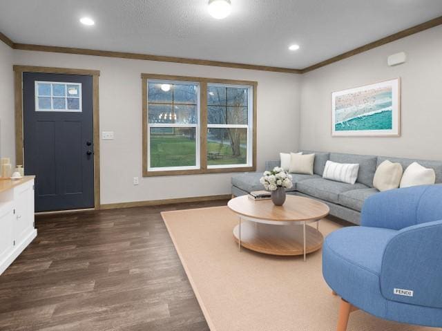 living room featuring dark wood-type flooring and ornamental molding