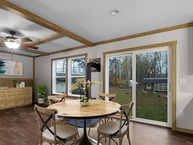 dining space featuring ceiling fan, a healthy amount of sunlight, dark wood-type flooring, and a textured ceiling