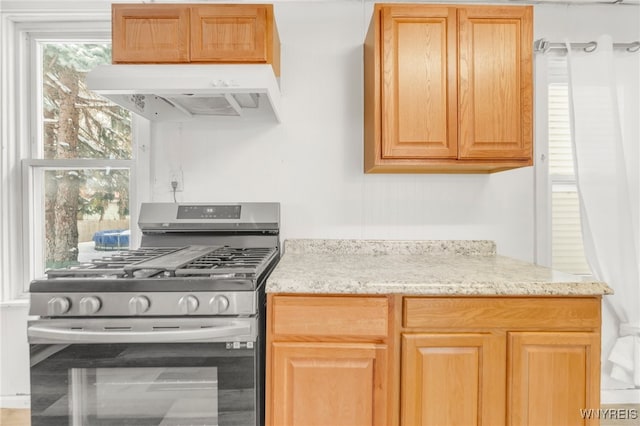 kitchen featuring stainless steel gas stove and range hood