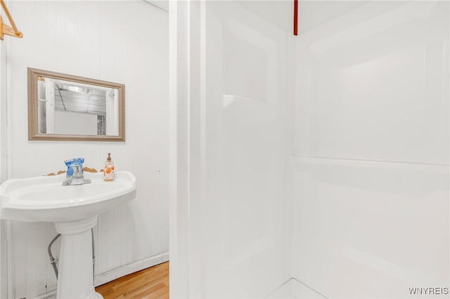 bathroom with hardwood / wood-style flooring