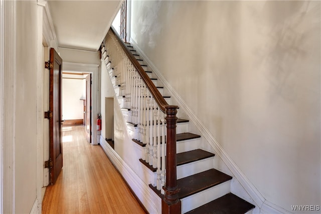 stairway with hardwood / wood-style flooring