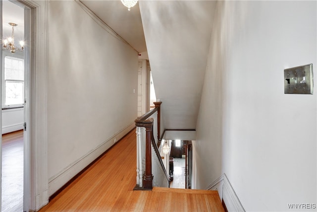 staircase featuring a chandelier, wood-type flooring, and vaulted ceiling