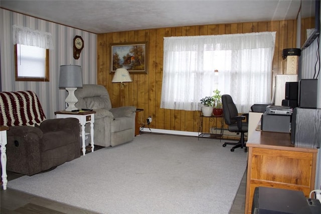 office space featuring wood walls and dark carpet