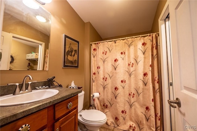 bathroom featuring vanity, vaulted ceiling, and toilet