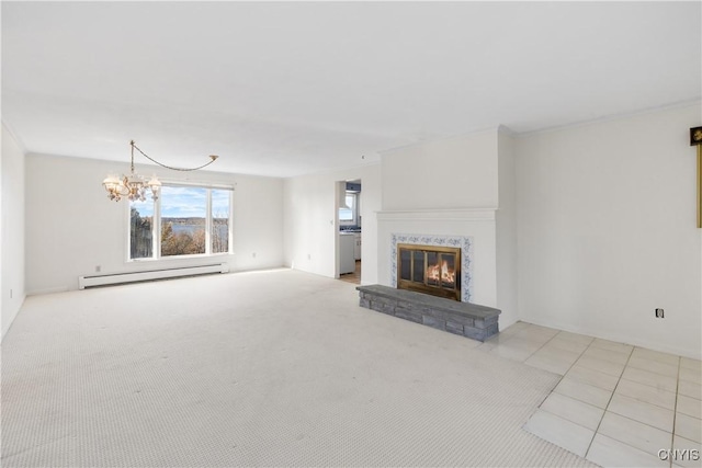 unfurnished living room with a fireplace, light tile patterned floors, baseboard heating, and an inviting chandelier