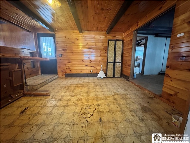 spare room with beamed ceiling, wood walls, and wooden ceiling