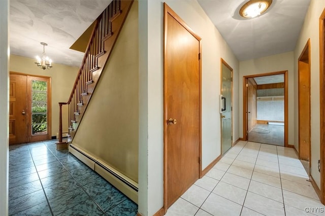 hallway with light tile patterned flooring, a notable chandelier, and a baseboard heating unit