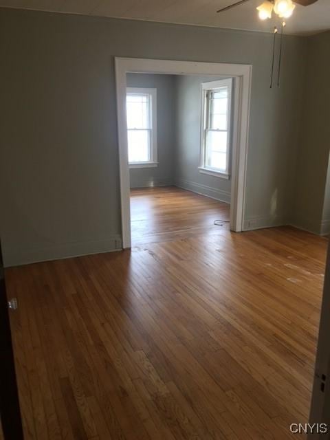 unfurnished room with light hardwood / wood-style flooring and ceiling fan