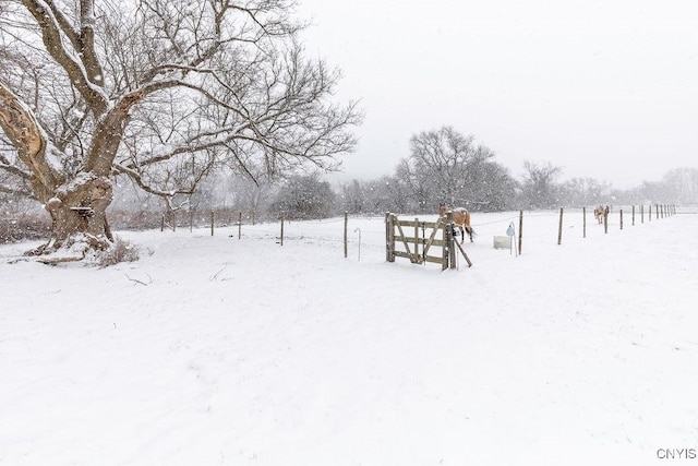 yard covered in snow with a rural view