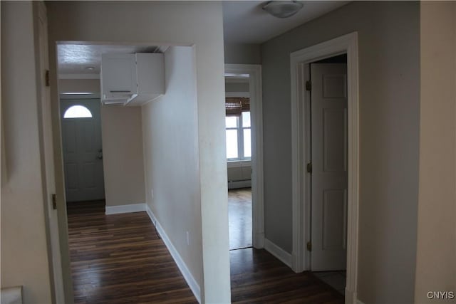 hall with dark hardwood / wood-style flooring and a baseboard heating unit