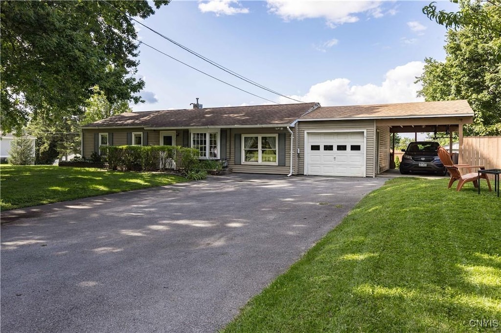 single story home with a front yard and a carport