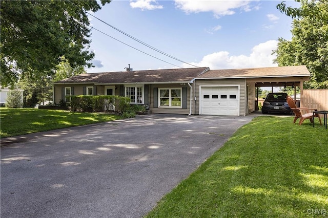 single story home with a front yard and a carport