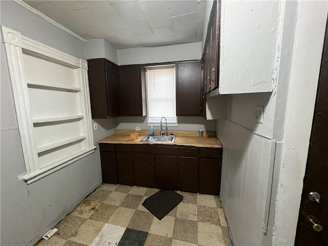 kitchen featuring butcher block counters, crown molding, dark brown cabinetry, and sink