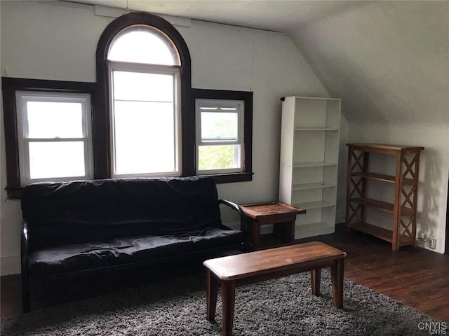 sitting room featuring hardwood / wood-style floors and vaulted ceiling