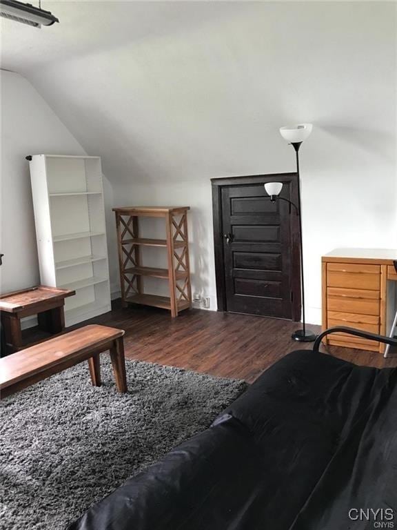 interior space featuring vaulted ceiling and dark wood-type flooring