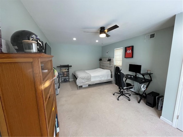 carpeted bedroom featuring ceiling fan