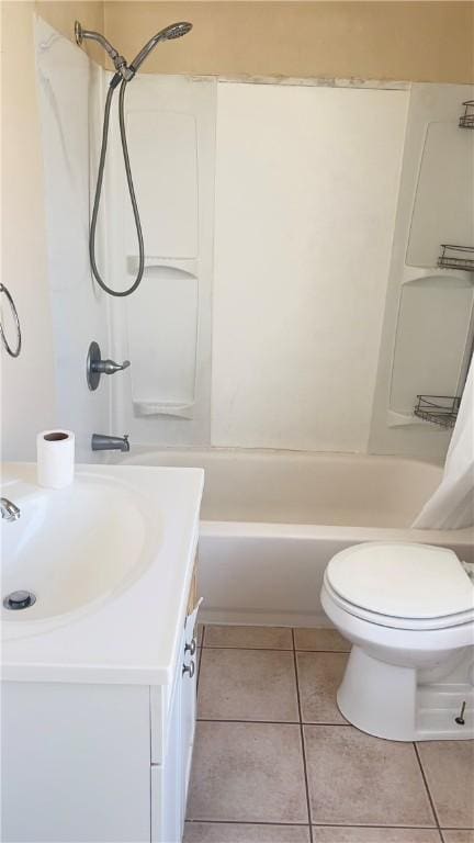 full bathroom with tile patterned floors, vanity, toilet, and shower / tub combo with curtain