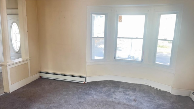 unfurnished room with baseboard heating, a healthy amount of sunlight, and dark carpet