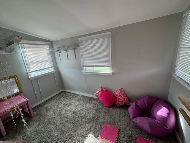 bedroom with carpet and lofted ceiling