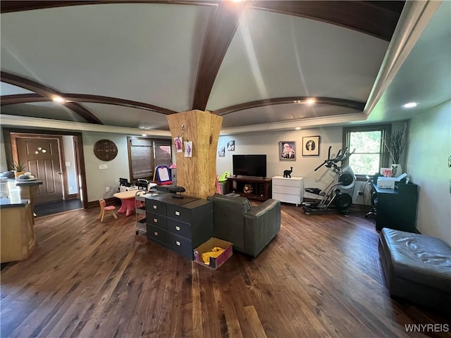 living room featuring lofted ceiling with beams and dark wood-type flooring