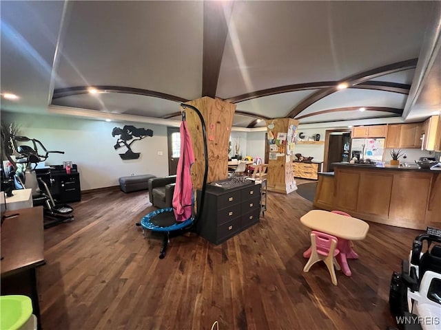 rec room featuring lofted ceiling with beams and dark hardwood / wood-style floors