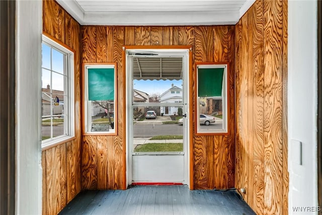 doorway to outside with dark hardwood / wood-style floors and wood walls