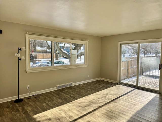 empty room with a healthy amount of sunlight and dark wood-type flooring