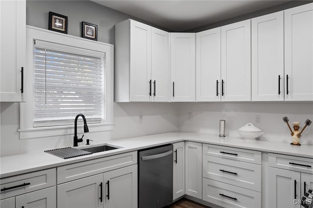 kitchen with white cabinets, stainless steel dishwasher, and sink