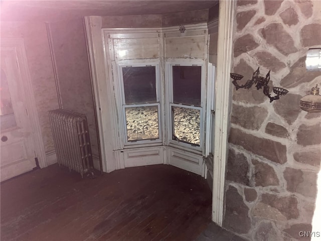 interior space with dark hardwood / wood-style flooring and radiator heating unit