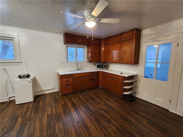 kitchen with backsplash, dark hardwood / wood-style floors, ceiling fan, and sink