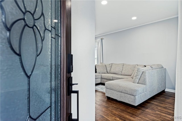 living room featuring crown molding and dark wood-type flooring