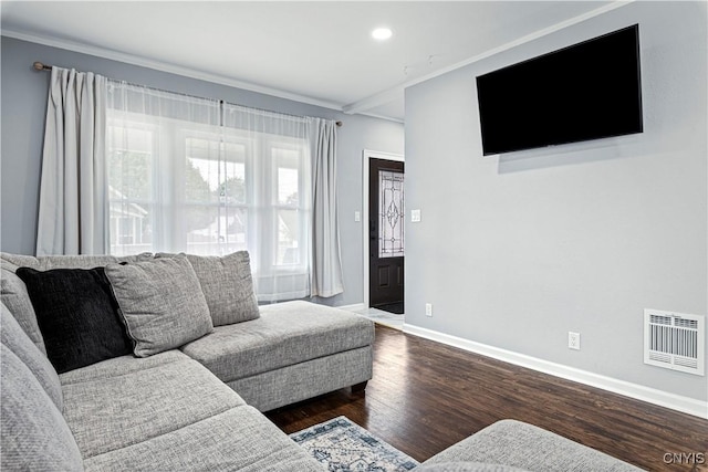 living room featuring crown molding and dark wood-type flooring