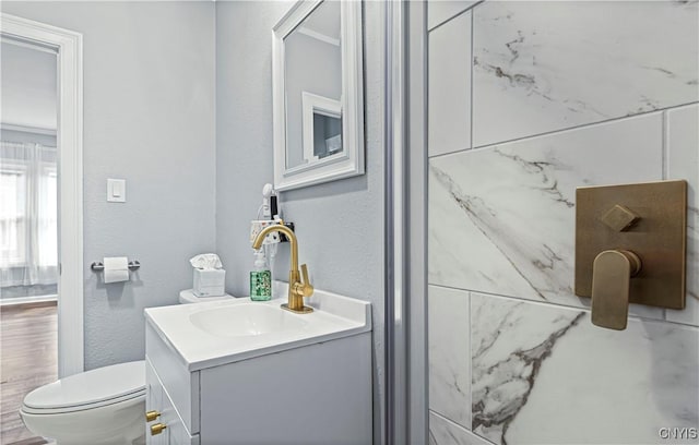 bathroom featuring hardwood / wood-style floors, vanity, and toilet