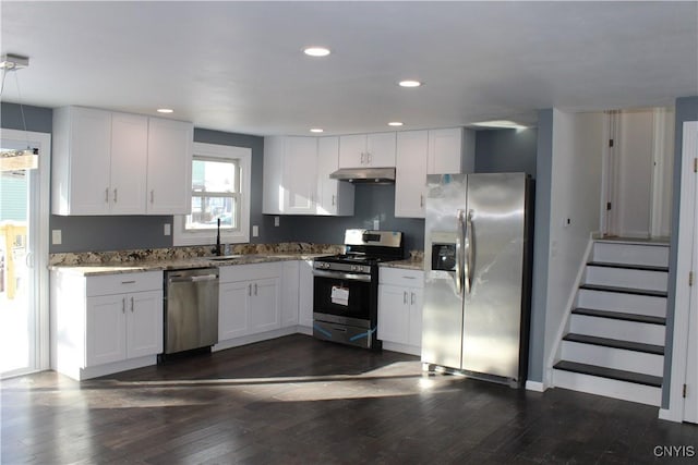 kitchen with appliances with stainless steel finishes, a sink, dark wood-style flooring, and under cabinet range hood