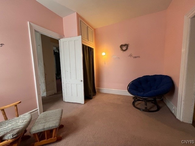 sitting room featuring light colored carpet