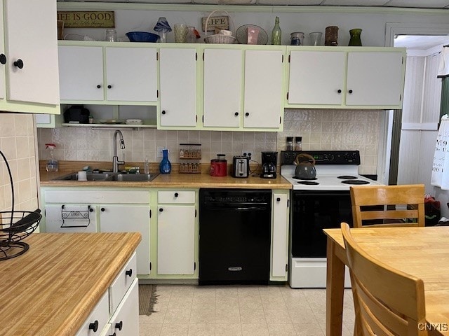 kitchen with dishwasher, white cabinets, white range with electric cooktop, and sink