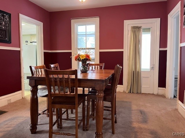 dining space featuring carpet