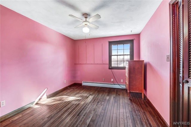 empty room with ceiling fan, dark wood-type flooring, and a baseboard radiator