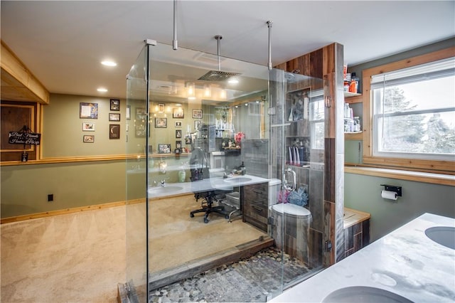 bathroom featuring vanity and a shower with shower door