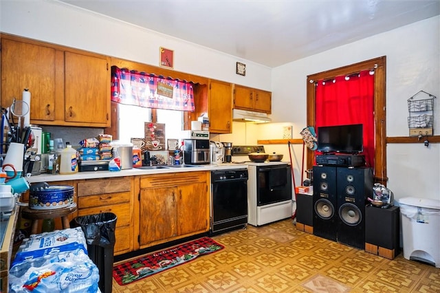 kitchen featuring white range with electric stovetop, sink, and black dishwasher