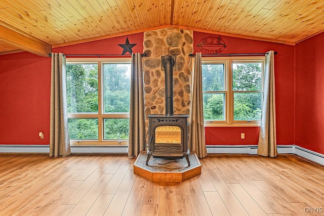 unfurnished room featuring vaulted ceiling, light hardwood / wood-style floors, a wood stove, and wooden ceiling