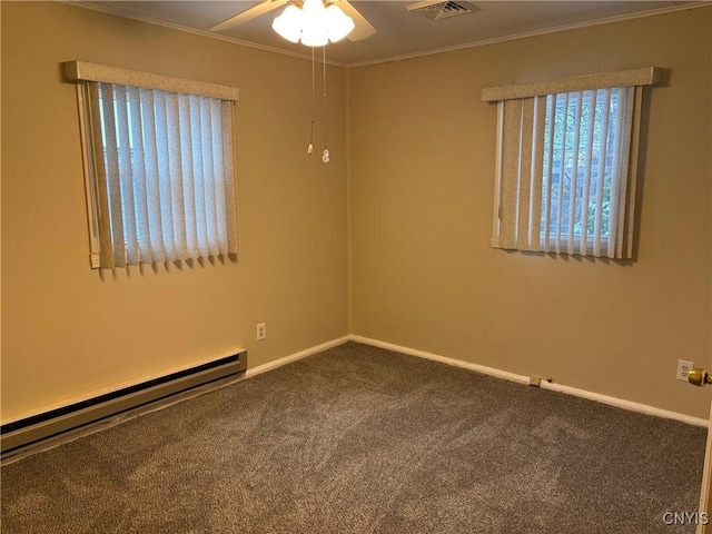 empty room featuring ceiling fan, carpet floors, a baseboard radiator, and ornamental molding