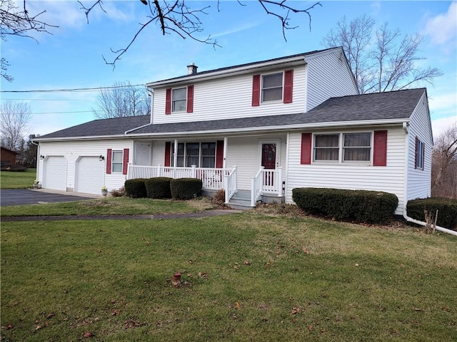 view of front of house with a front yard, a porch, and a garage