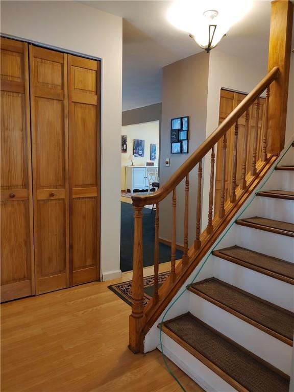 stairs with hardwood / wood-style flooring