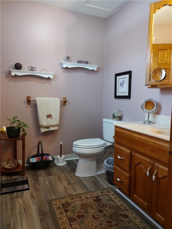 bathroom with hardwood / wood-style floors, vanity, and toilet