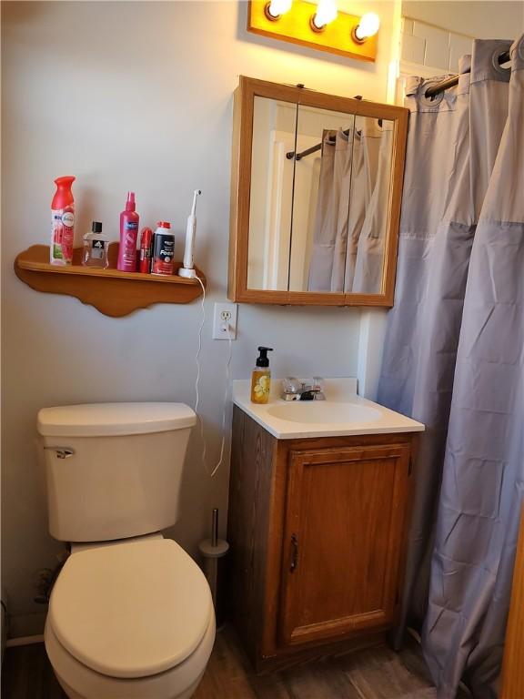 bathroom with vanity, toilet, and walk in shower