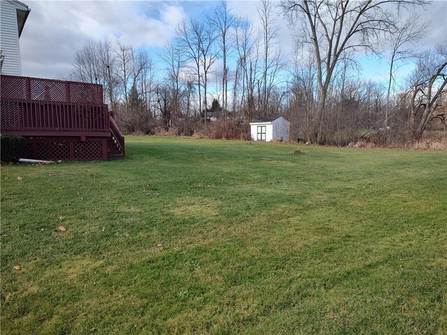 view of yard with a deck and a storage unit